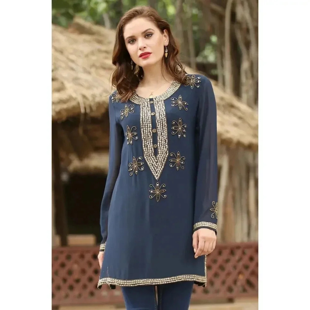 Novica Hand Embroidered Beads Semi-Sheer Dazzle Tunic Navy Size S